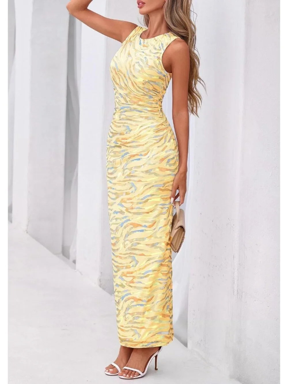Women Floral Yellow  Polyester Elastane Mesh Sleeveless Bodycon Long Maxi Dress